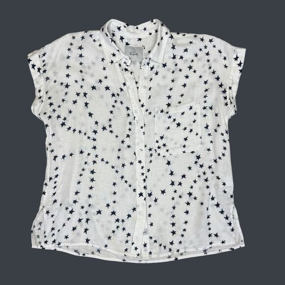 Rails Whitney short sleeve button down linen blend white navy star top XS - Picture 2 of 10